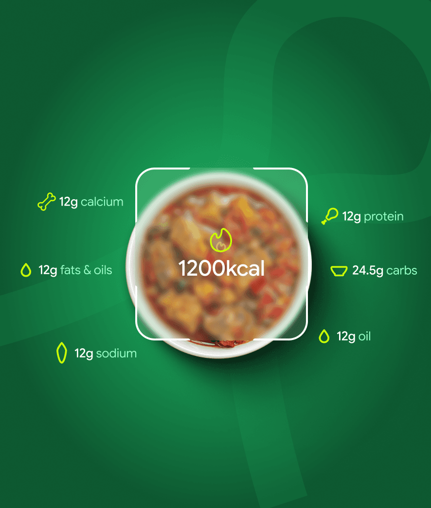 A bowl of stew with its calories, carbs, sodium and fats called out